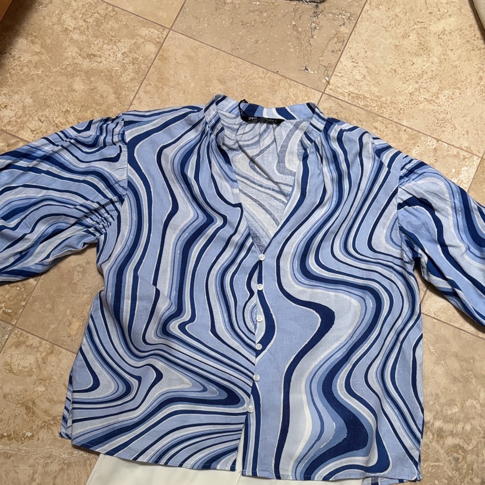 Blue Swirl Button-Up Blouse